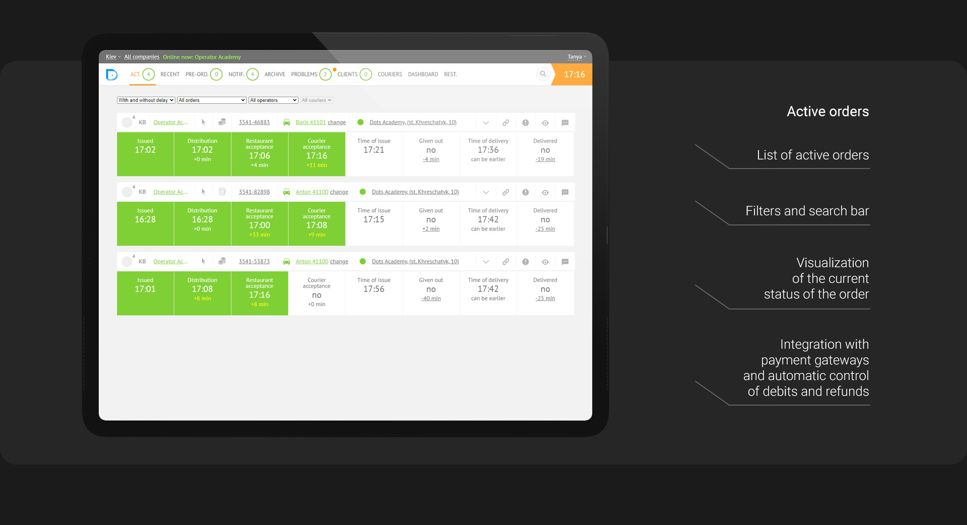 Monitoring panel — order details